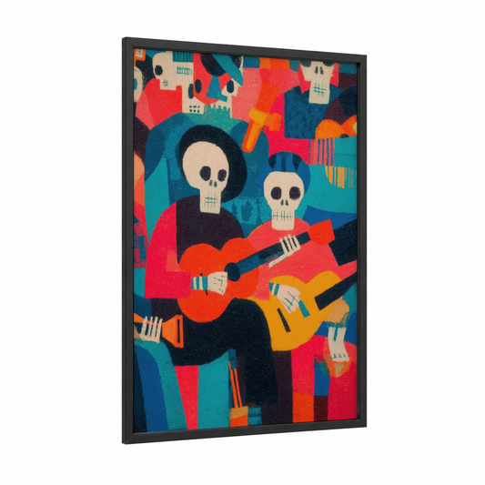 Musical Skeletons framed dia de los muertos print — black wood frame — red and teal palette