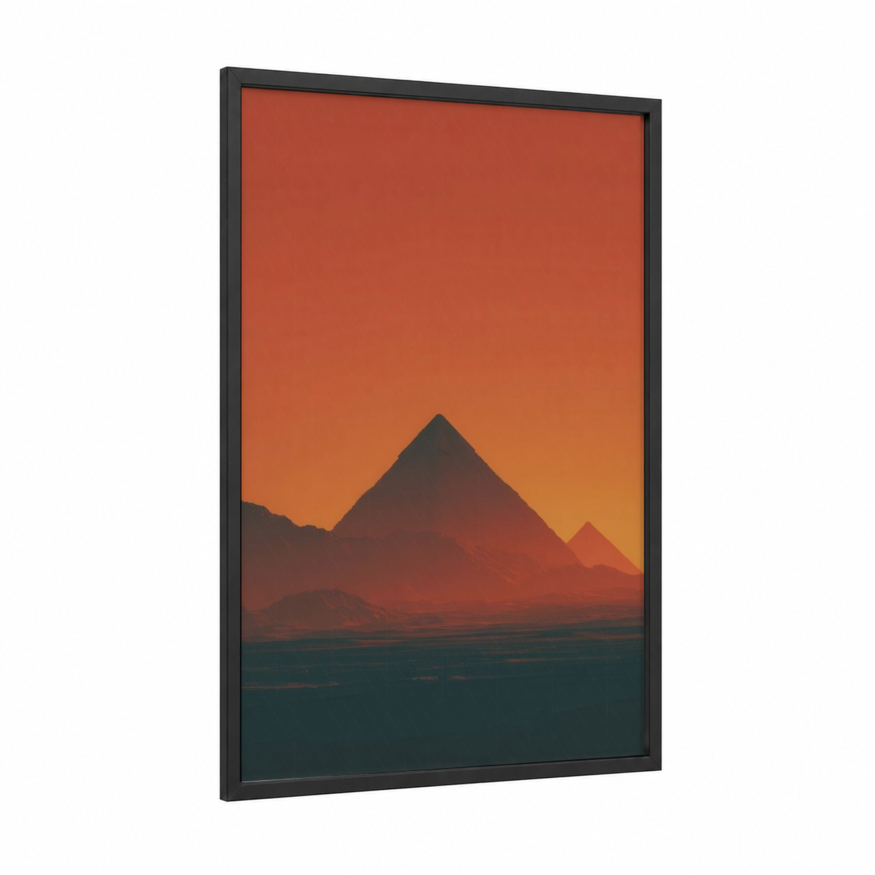 Golden Pyramid Sunset framed great pyramid of giza print — black wood frame — orange and teal palette