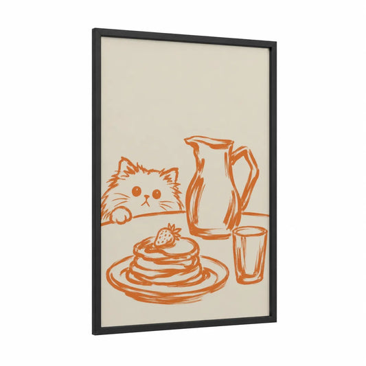 Curious Kitten Breakfast Scene Wall Art framed cat print — black wood frame — orange and beige palette