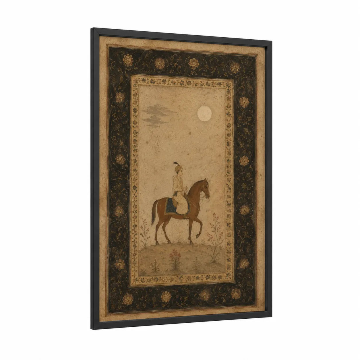 Persian Horseback Rider Miniature Wall Art framed art print — black wood frame — beige and gold palette