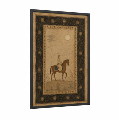Persian Horseback Rider Miniature Wall Art framed art print — black wood frame — beige and gold palette