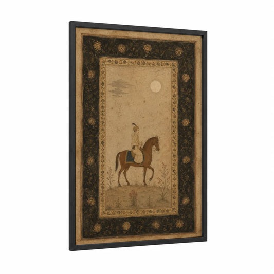 Persian Horseback Rider Miniature Wall Art framed art print — black wood frame — beige and gold palette