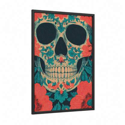 Floral Skull Garden framed dia de los muertos print — black wood frame — peach and teal palette