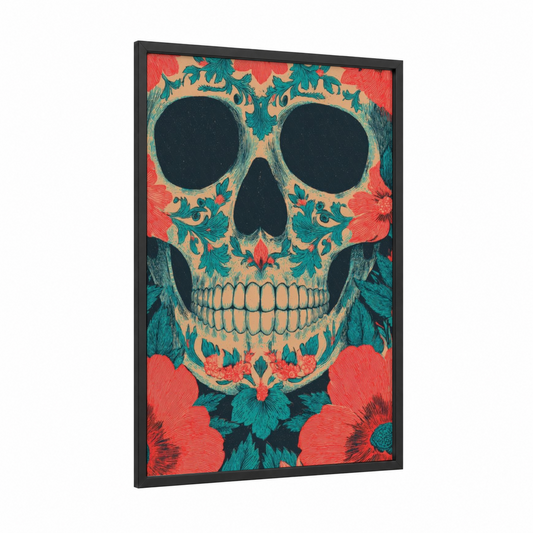 Floral Skull Garden framed dia de los muertos print — black wood frame — peach and teal palette