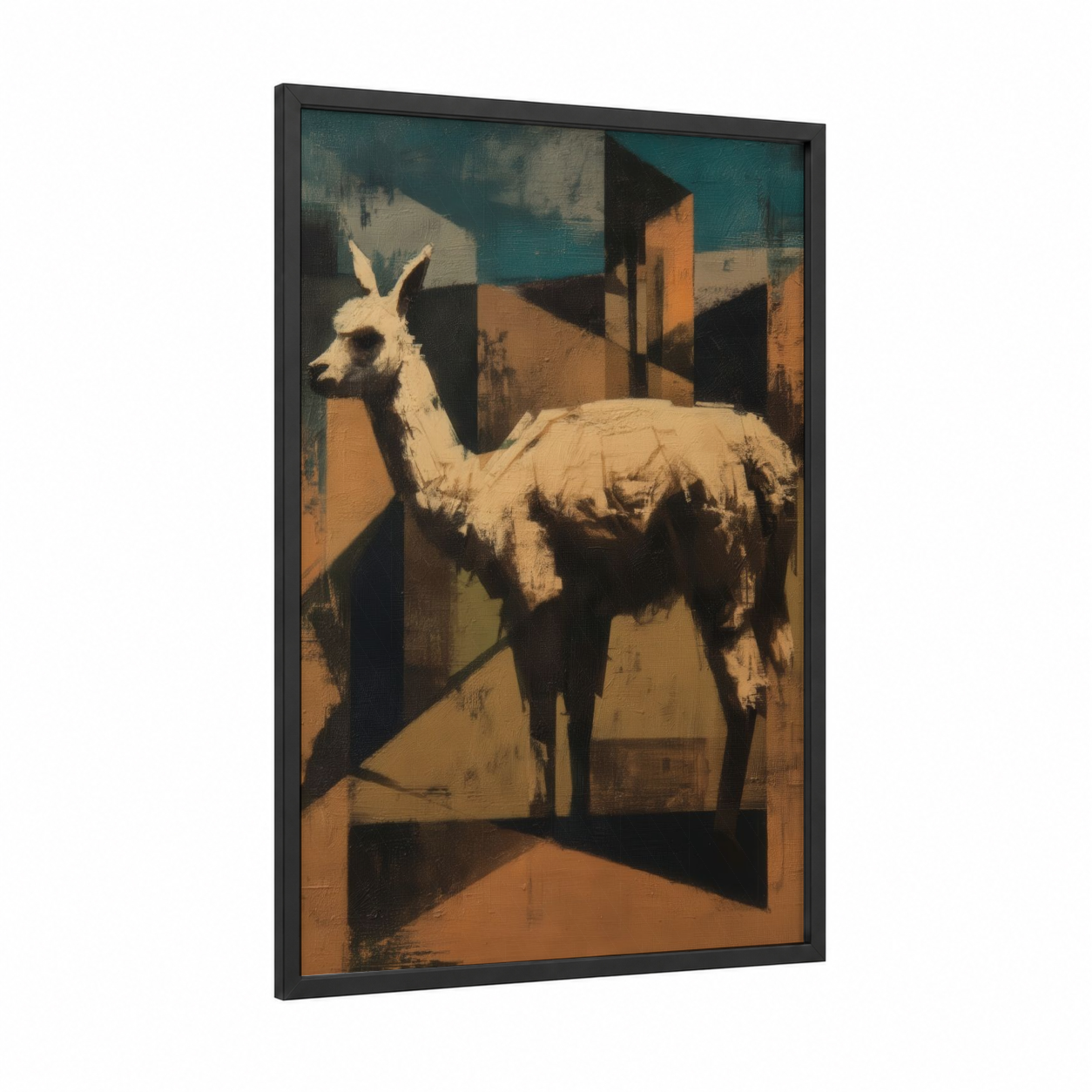 Desert Llama framed art print — black wood frame — orange and teal palette