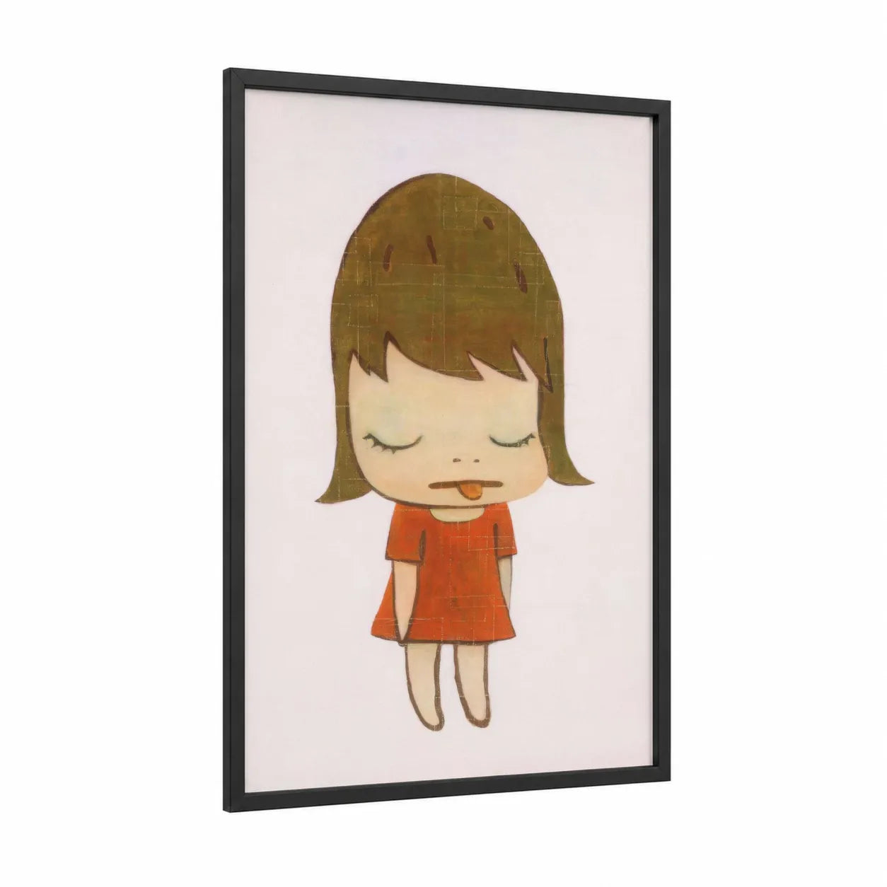 Minimalist Girl Character Wall Art framed kids and nursery print — black wood frame — orange and cream palette