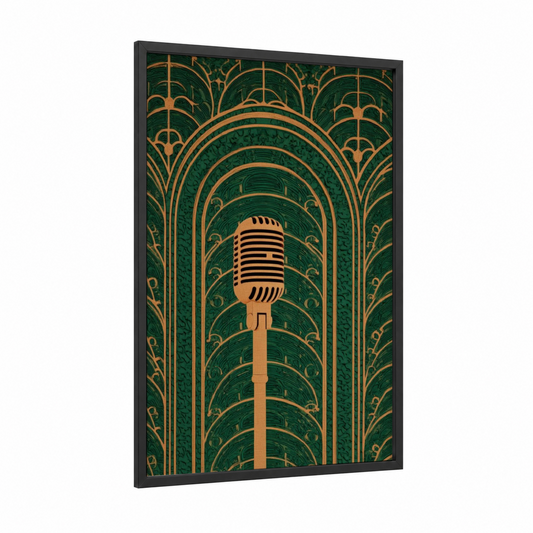 Art Deco Microphone framed art print — black wood frame — dark green and gold palette