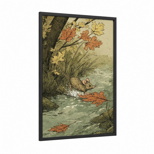 Autumn Stream Mouse framed mice print — black wood frame — russet and olive palette