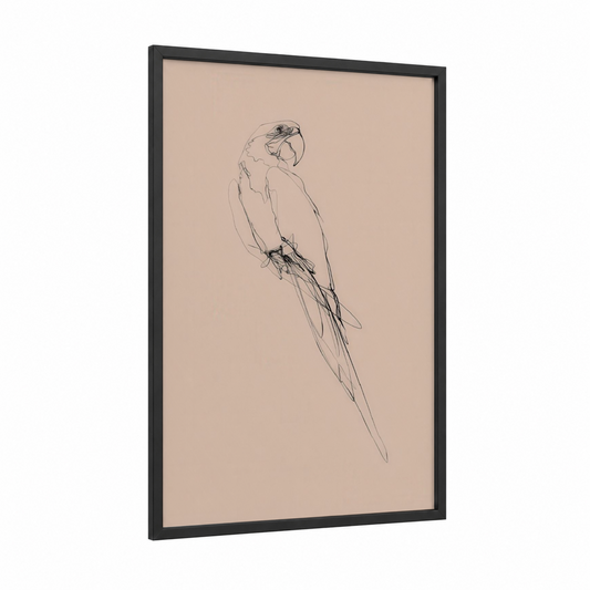 Minimalist Macaw framed art print — black wood frame — beige and black palette