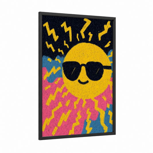 Cool Sun Character framed the sun print — black wood frame — yellow gold and magenta palette