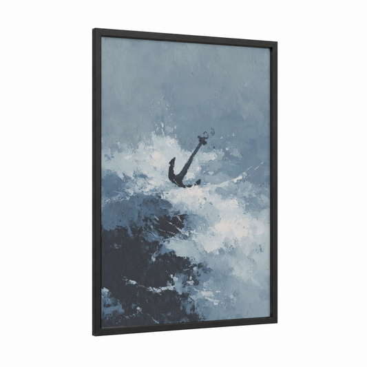 Stormy Anchor framed art print — black wood frame — blue and gray and white palette