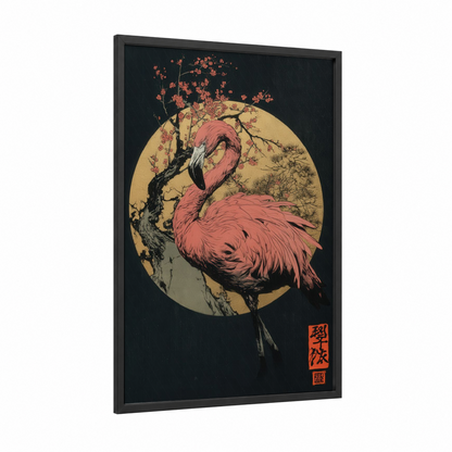 Blossom Flamingo framed art print — black wood frame — salmon pink and gold palette