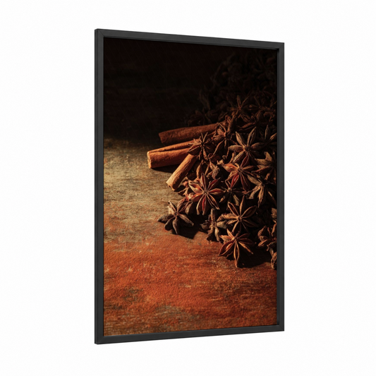 Spiced Warmth framed herbs and spices print — black wood frame — russet and gold palette