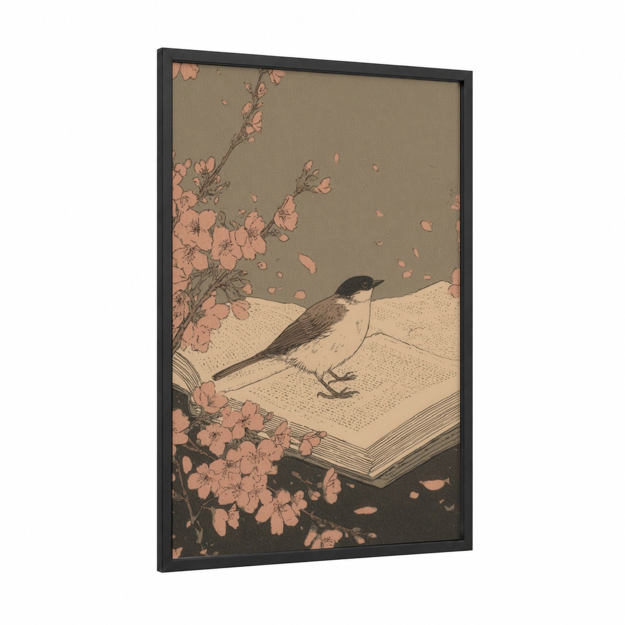 Literary Songbird framed reading print — black wood frame — peach and beige palette