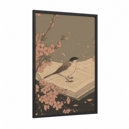 Literary Songbird framed reading print — black wood frame — peach and beige palette