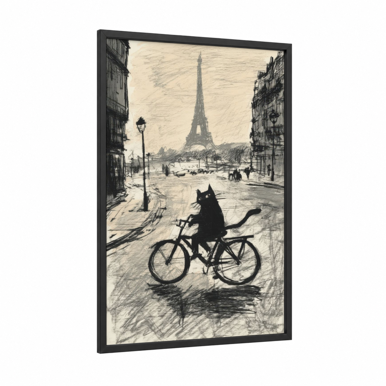 Parisian Cat Cyclist framed art print — black wood frame — cream and black and white palette