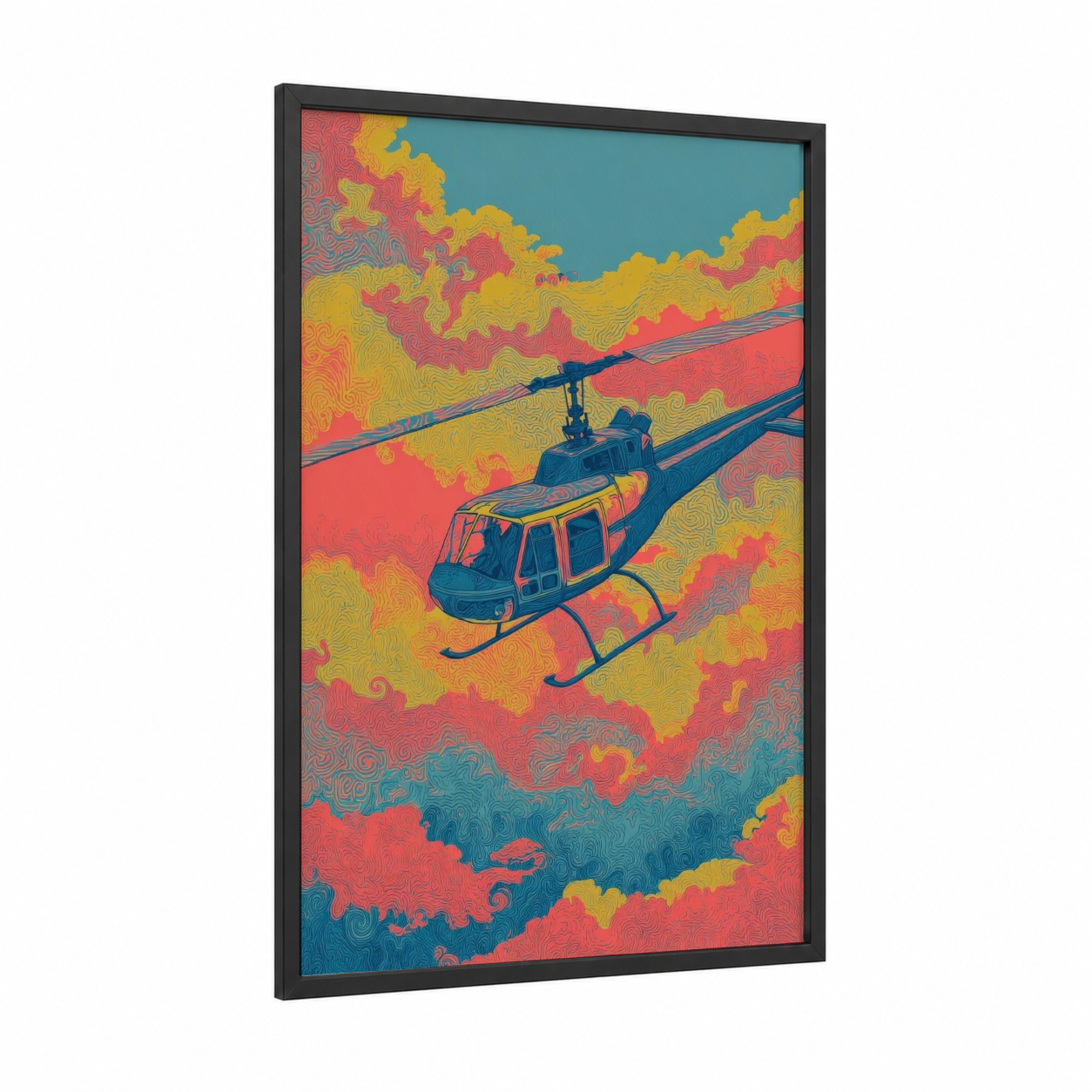 Sunset Helicopter framed art print — black wood frame — gold and salmon pink palette