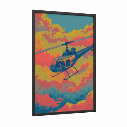 Sunset Helicopter framed art print — black wood frame — gold and salmon pink palette
