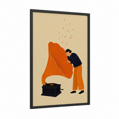 Vintage Phonograph Music Lover Wall Art framed vinyl records print — black wood frame — orange and beige palette