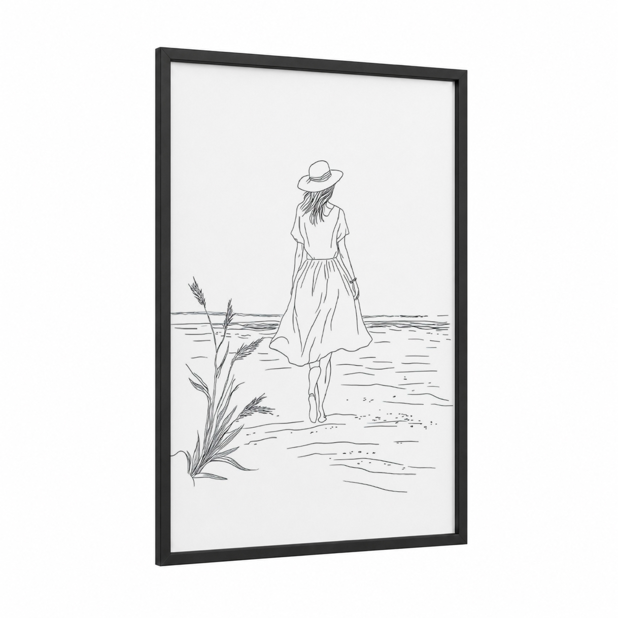 Wheat Field Wanderer framed rural landscapes print — black wood frame — black and white palette