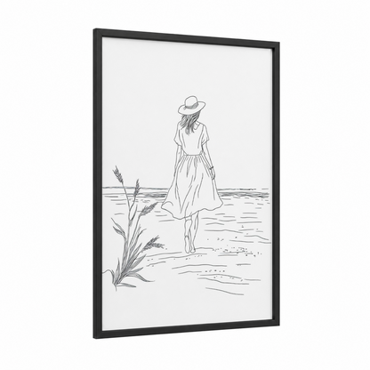 Wheat Field Wanderer framed rural landscapes print — black wood frame — black and white palette