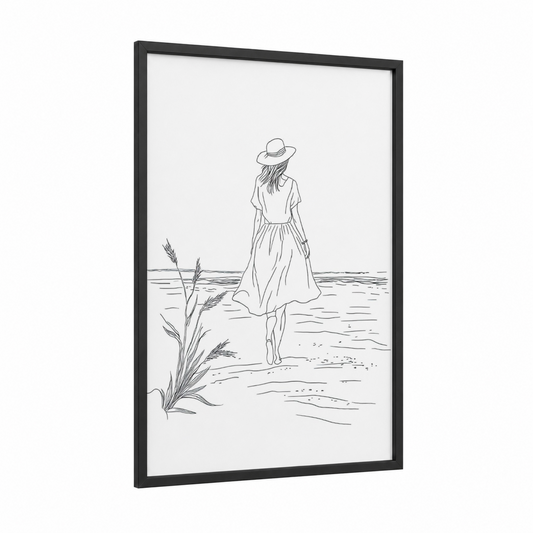 Wheat Field Wanderer framed rural landscapes print — black wood frame — black and white palette