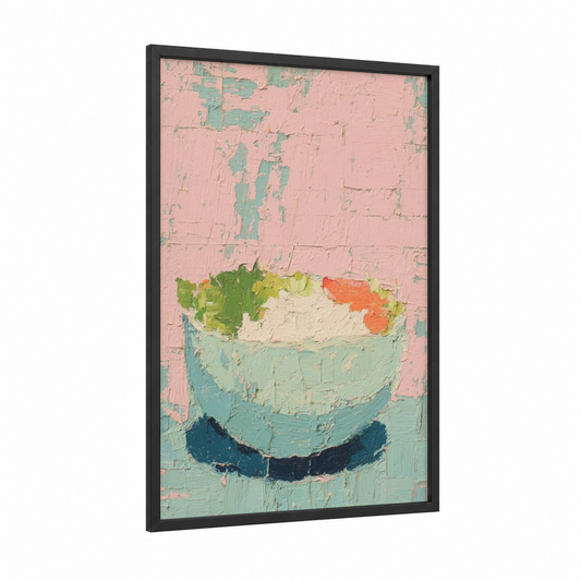 Fresh Garden Salad framed art print — black wood frame — pink and teal palette