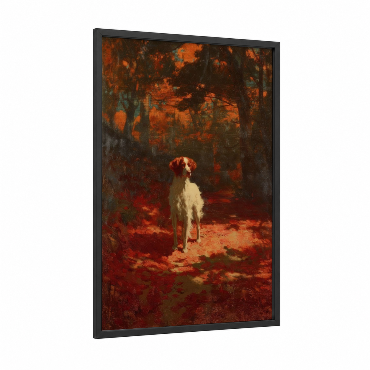 Autumn Spaniel framed art print — black wood frame — russet and gold palette