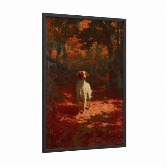 Autumn Spaniel framed art print — black wood frame — russet and gold palette