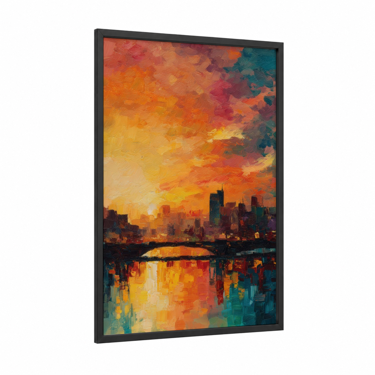 Sunset Rainbow Cityscape framed art print — black wood frame — orange and teal palette