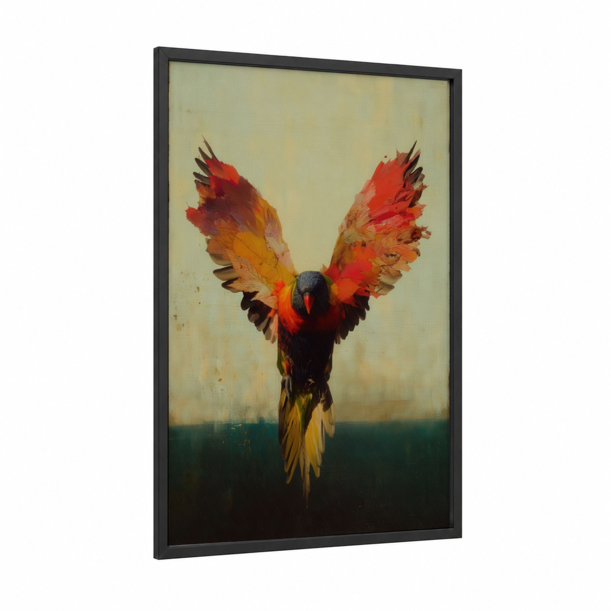 Crimson Lorikeet framed rainbow lorikeet print — black wood frame — red and gold palette
