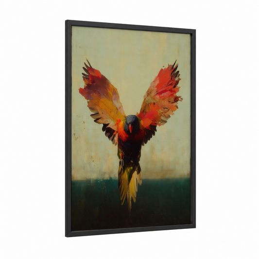 Crimson Lorikeet framed rainbow lorikeet print — black wood frame — red and gold palette