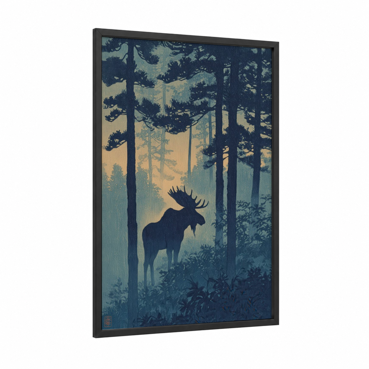 Misty Forest Moose framed art print — black wood frame — blue and gold palette
