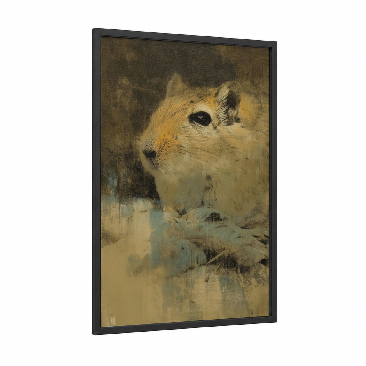 Curious Gerbil framed art print — black wood frame — brown and cream palette
