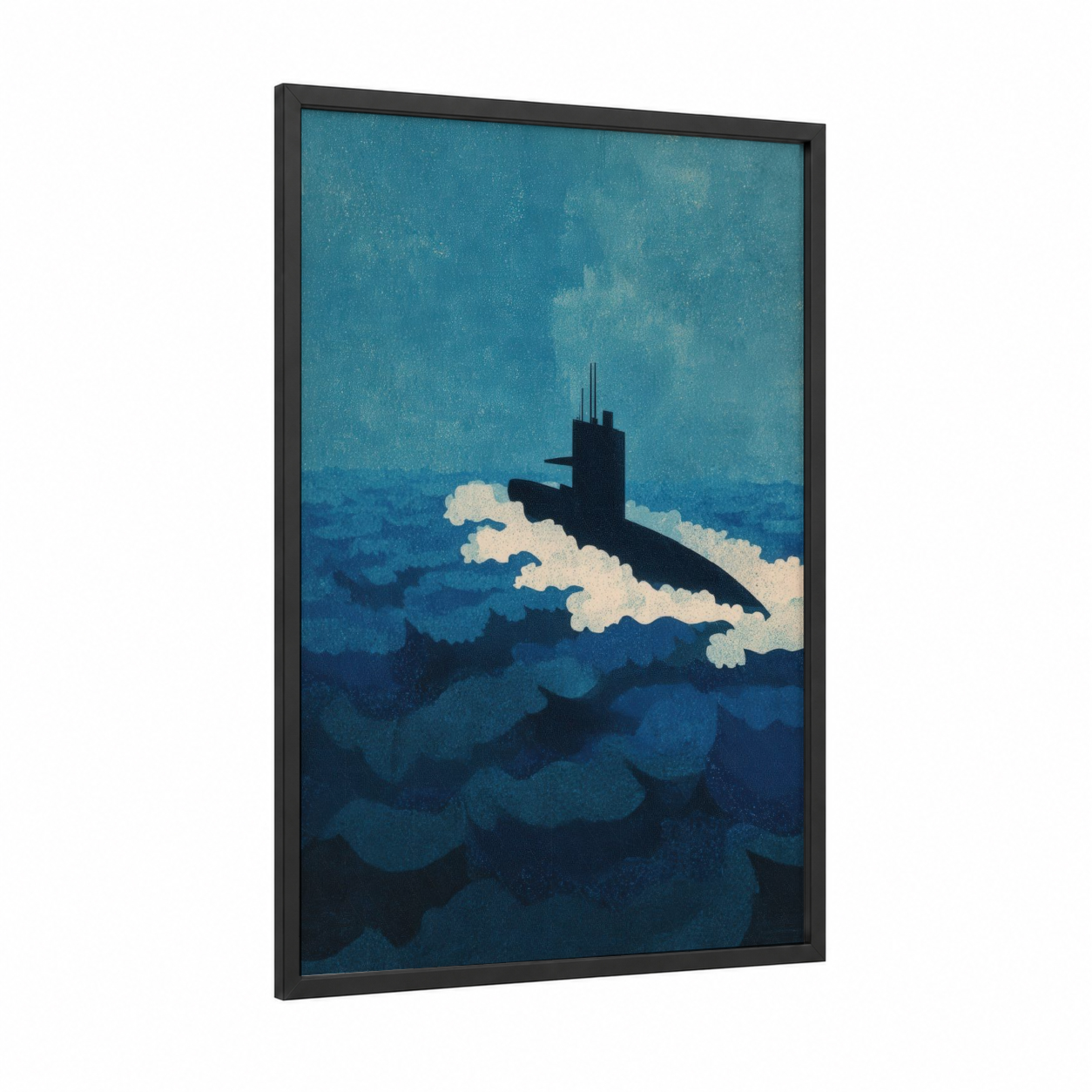 Deep Submarine framed art print — black wood frame — teal and white palette