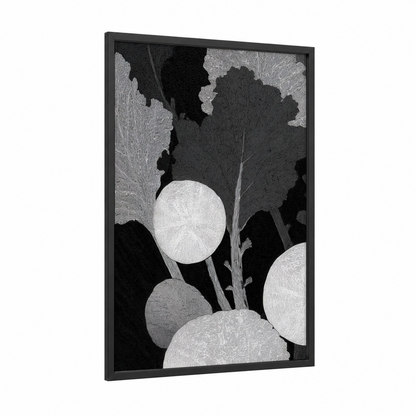 Moonlit Salad framed art print — black wood frame — black and white and gray palette