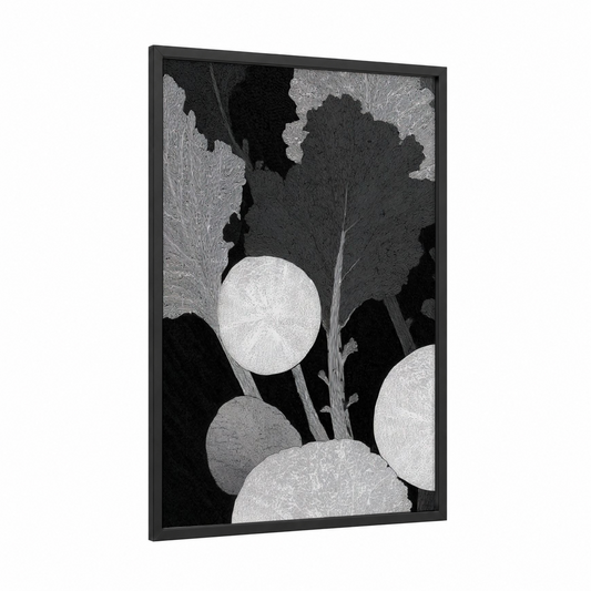Moonlit Salad framed art print — black wood frame — black and white and gray palette