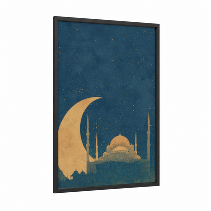 Golden Mosque Night framed islam print — black wood frame — dark blue and gold and white palette