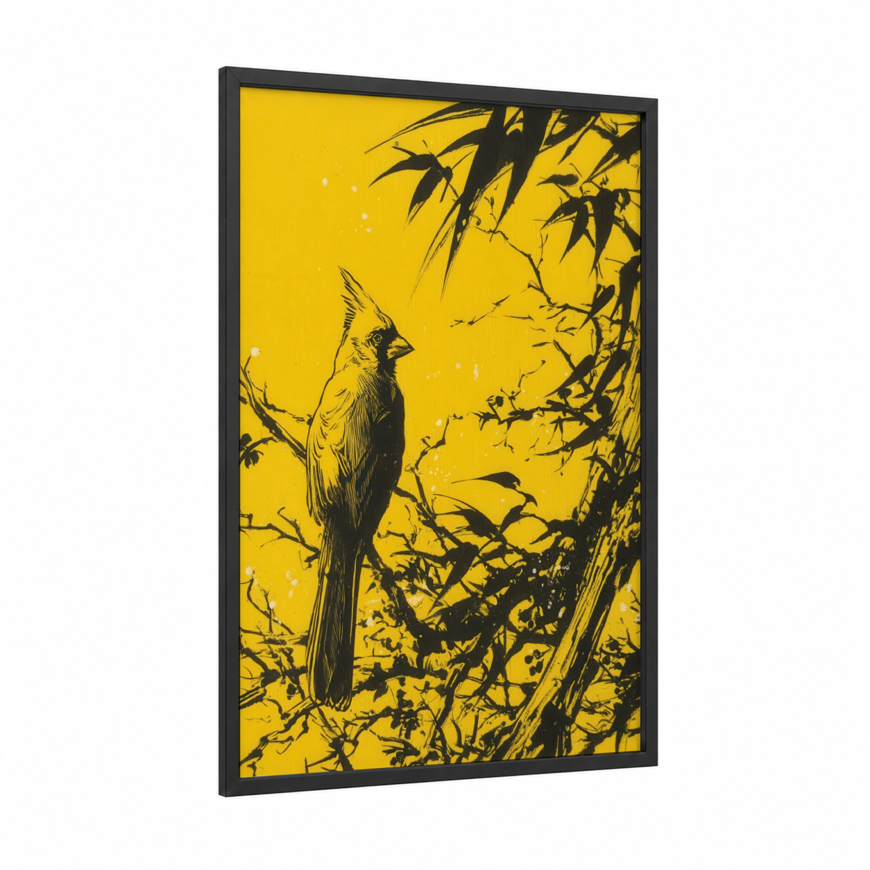 Golden Cardinal Perch framed art print — black wood frame — yellow gold and black and yellow palette