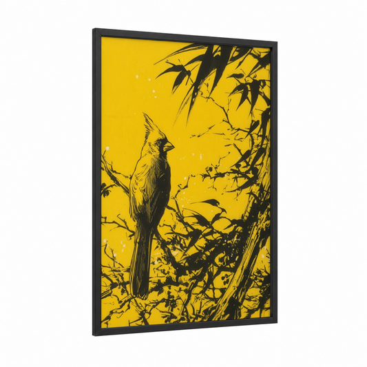 Golden Cardinal Perch framed art print — black wood frame — yellow gold and black and yellow palette