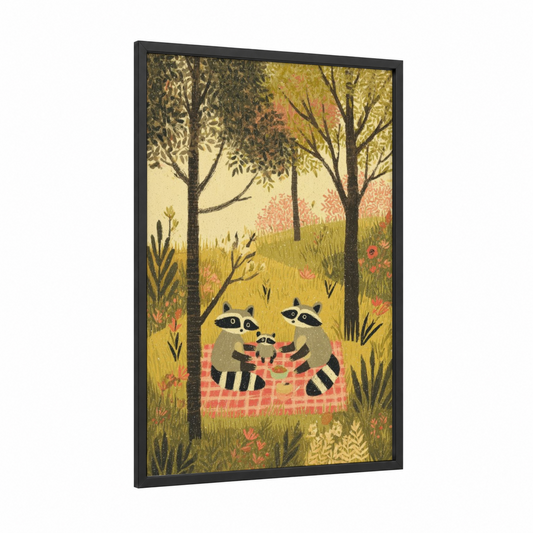 Picnic Raccoons framed art print — black wood frame — gold and salmon pink palette
