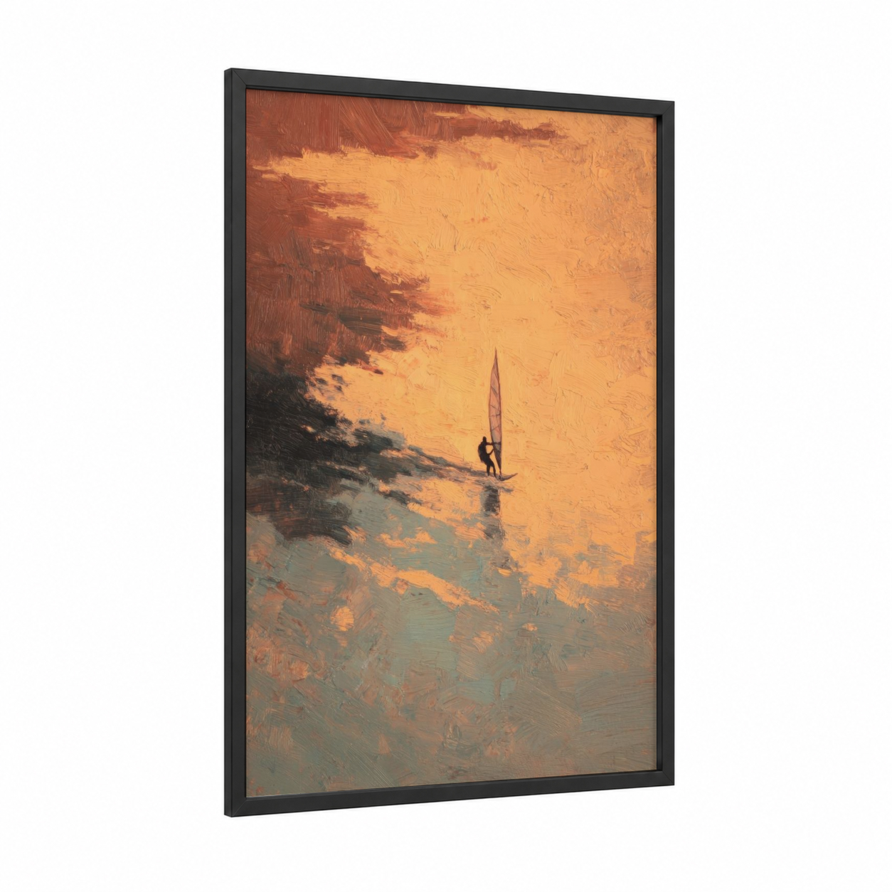Golden Hour Windsurfer framed windsurfing print — black wood frame — gold and orange palette