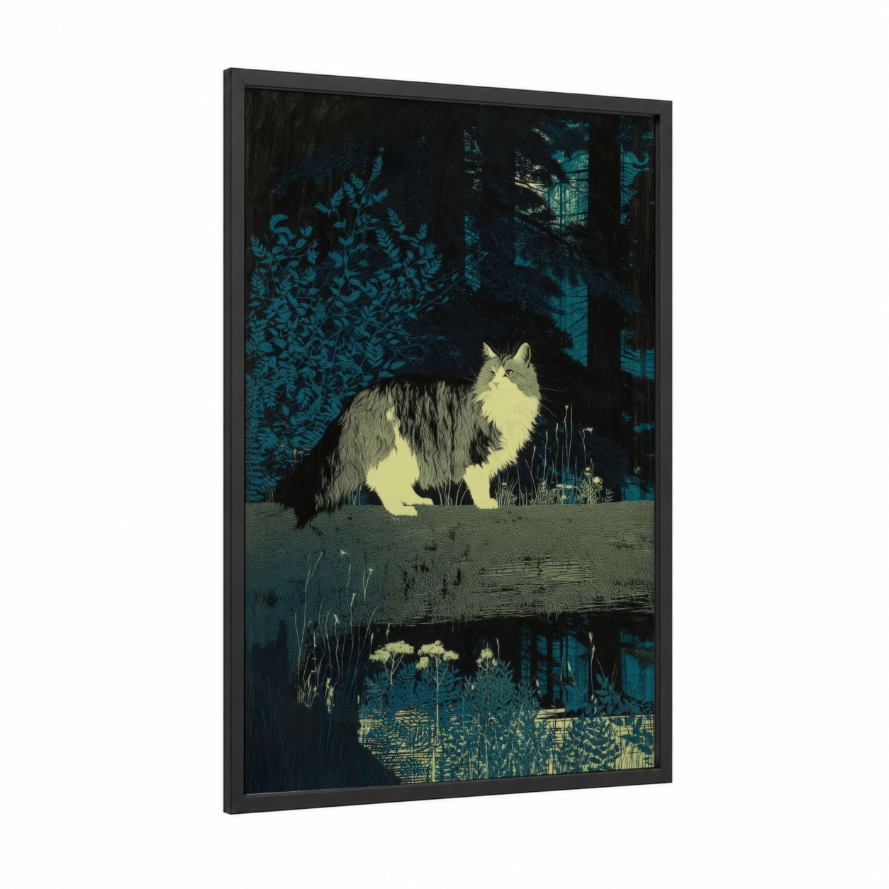Moonlit Garden Cat framed art print — black wood frame — teal and cream palette