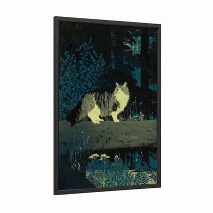 Moonlit Garden Cat framed art print — black wood frame — teal and cream palette