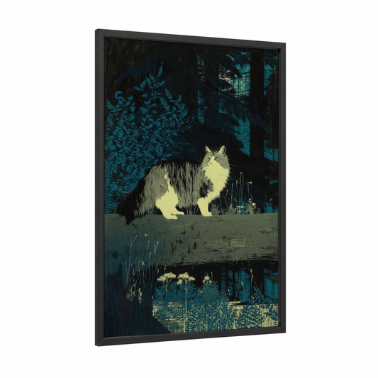 Moonlit Garden Cat framed art print — black wood frame — teal and cream palette