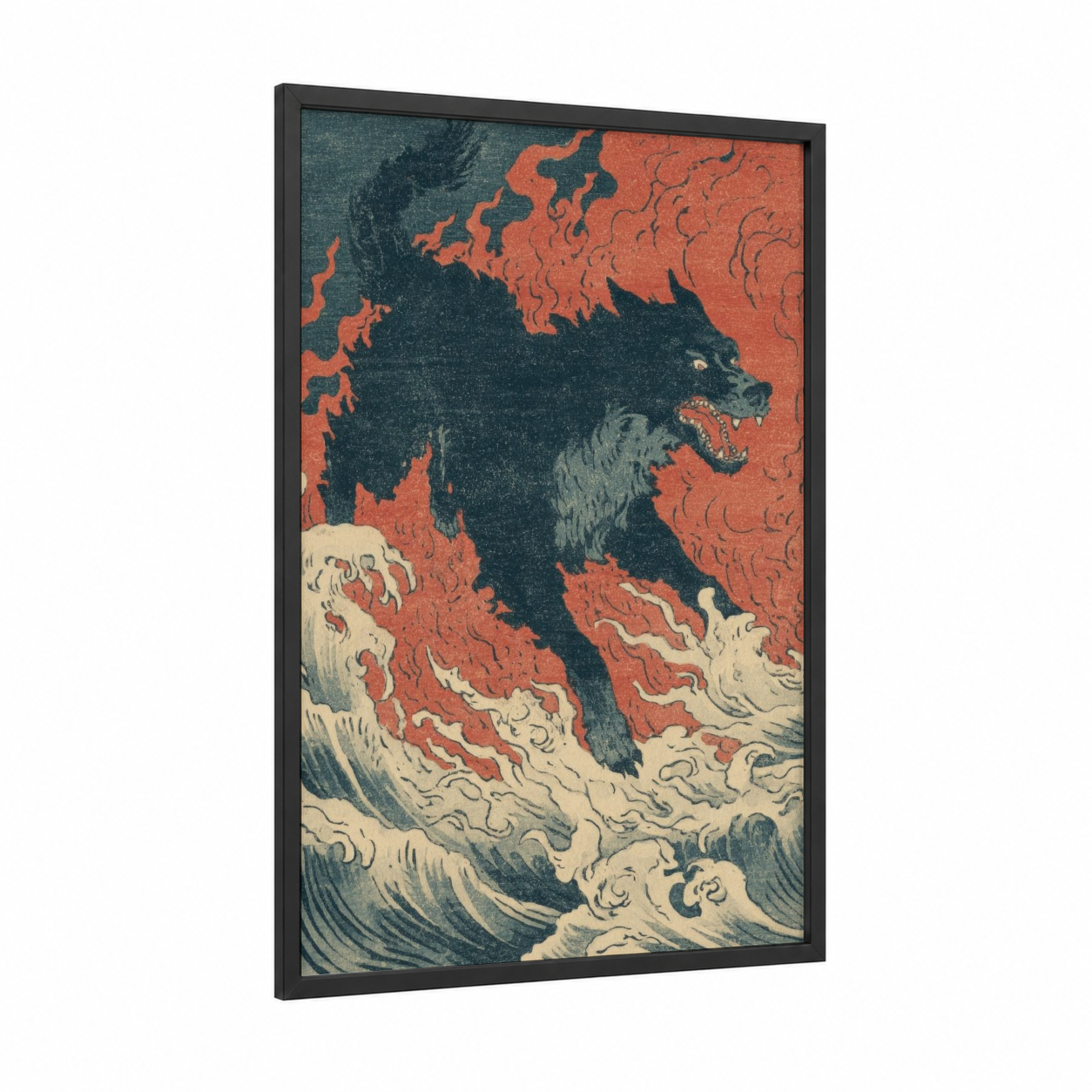Inferno Cerberus framed art print — black wood frame — black and gold palette