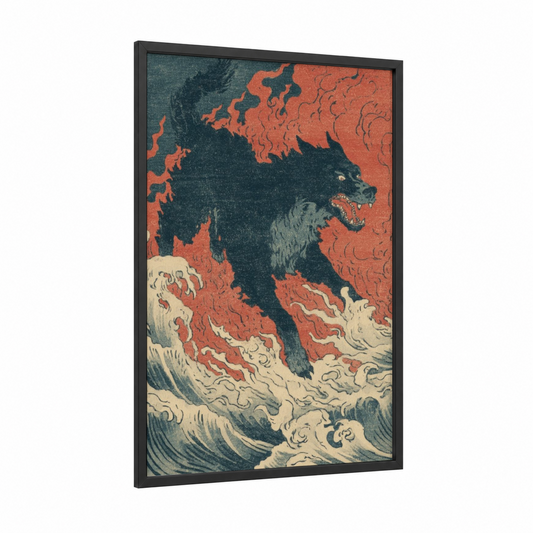Inferno Cerberus framed art print — black wood frame — black and gold palette