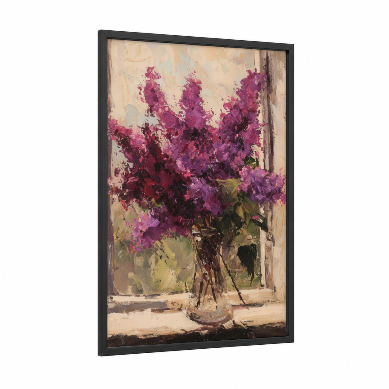 Purple Lilac Bouquet framed art print — black wood frame — magenta and cream palette