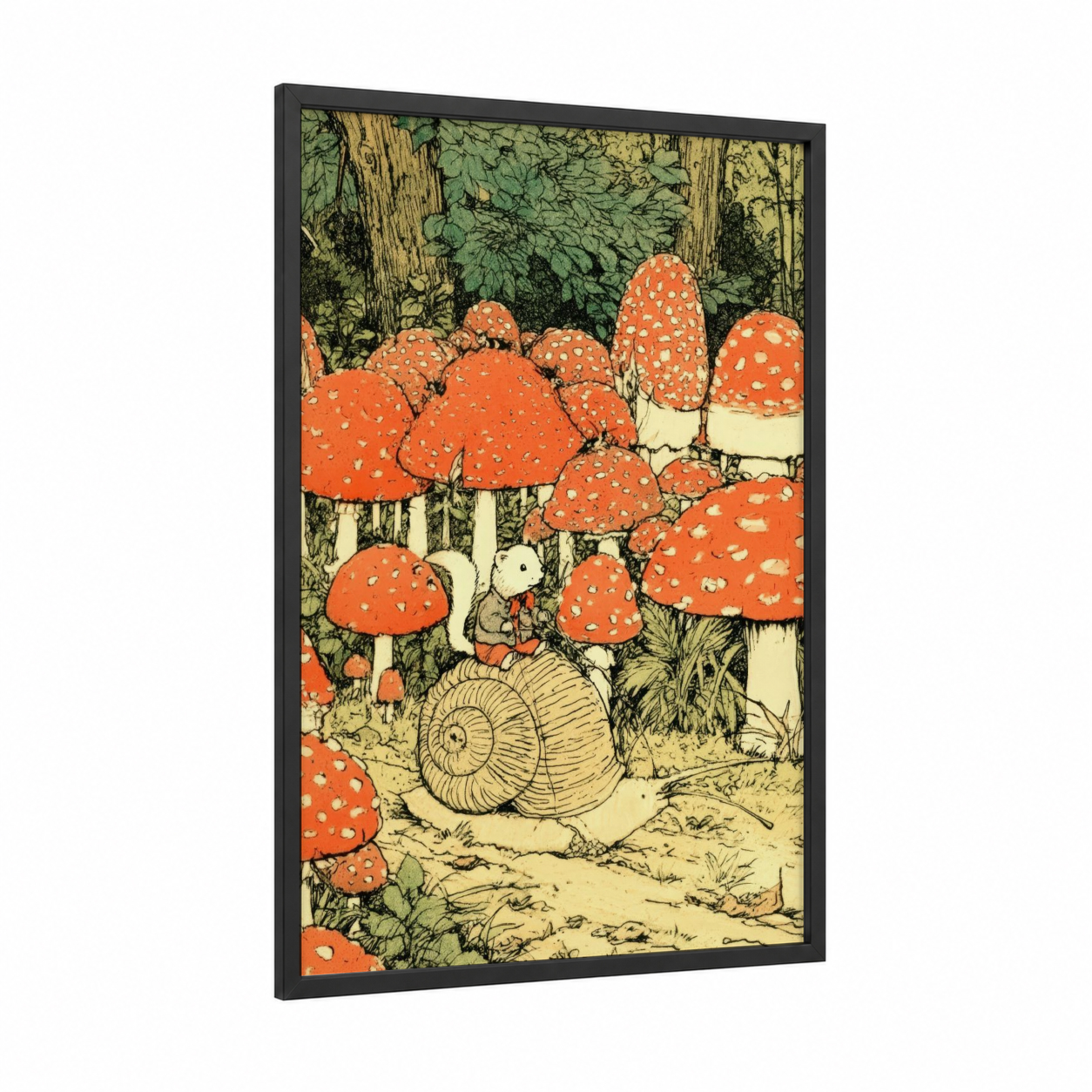 Mushroom Forest Ferret framed art print — black wood frame — orange and green palette