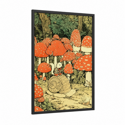 Mushroom Forest Ferret framed art print — black wood frame — orange and green palette